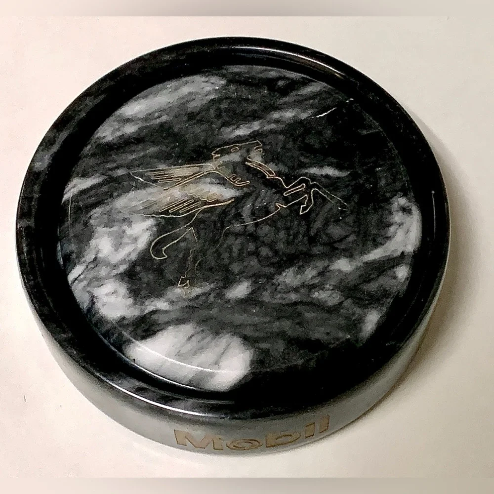 Vintage Executive Set of 2 Black Marble MOBIL Pegasus Logo Drink Coasters
